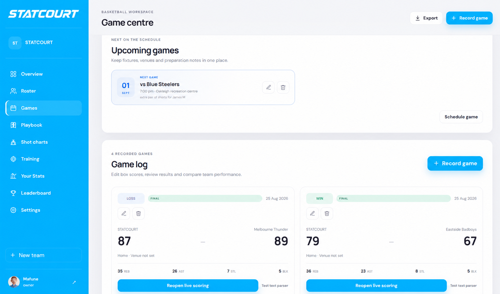 Statcourt Game Centre showing an upcoming fixture and completed games with scores and team totals